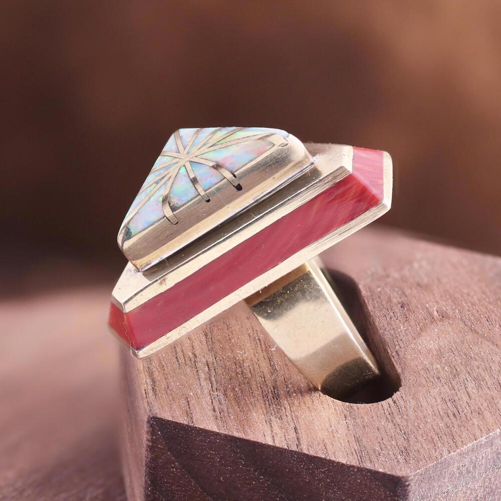 Vintage Larry Castillo Navajo Brass Coral Opal Inlay Brutalist SW Ring Size 9.25 - Picture 4 of 13